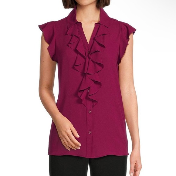 CALVIN KLEIN V-NECK RUFFLE‎ CAP SLEEVE BLOUSE IN MULBERRY NWT WOMEN'S SIZE PXS - Picture 1 of 15